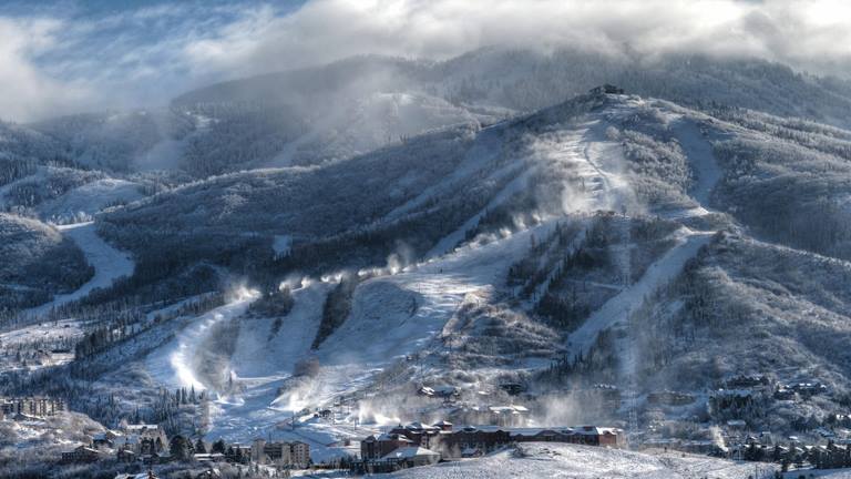 A birds eye view of Steamboat Ski resort in the snow