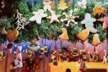 A Christmas tree adorned with gingerbread ornaments