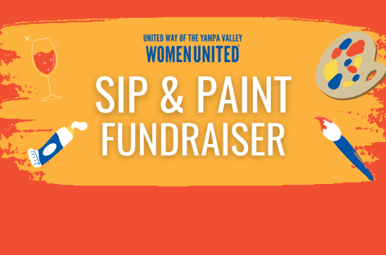 A bright orange and yellow poster for the Sip & Paint fundraiser