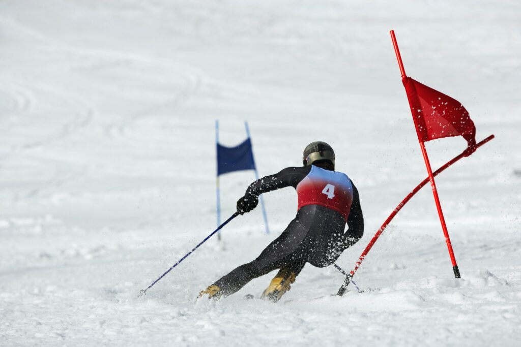 A skier competes in a slalom race