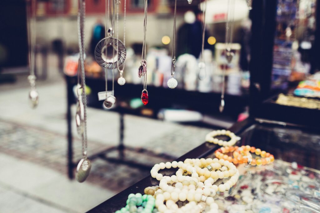 Necklaces and bracelets in a shop