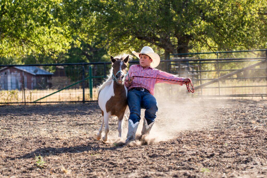 A cowboy child wrangles a small pony
