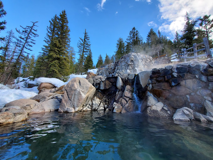 Strawberry Park Hot Springs with snow and sunshine