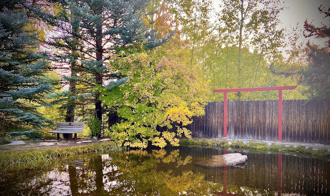 A pond and red arch at Yampa River Botanic Park