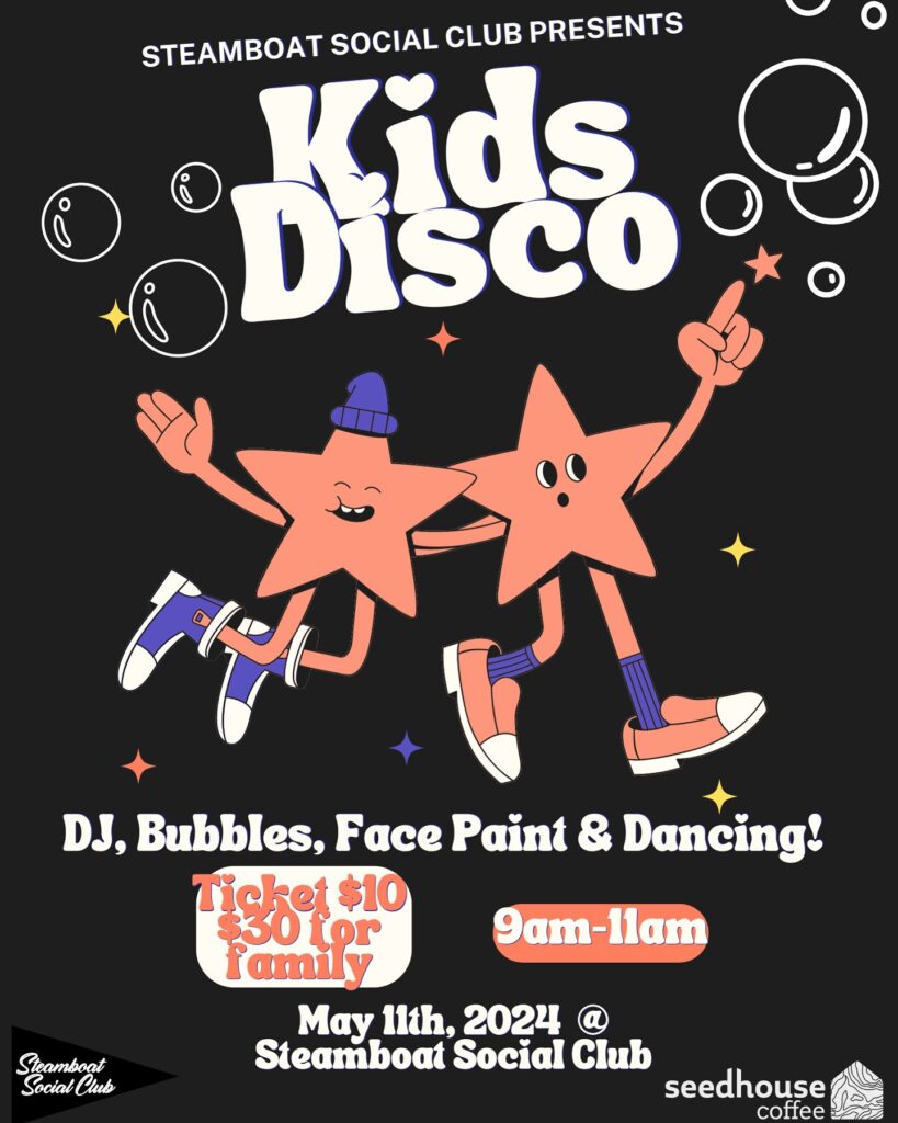 Text reads: Kids Disco, DJ, Bubble, Face Paint & Dancing!
