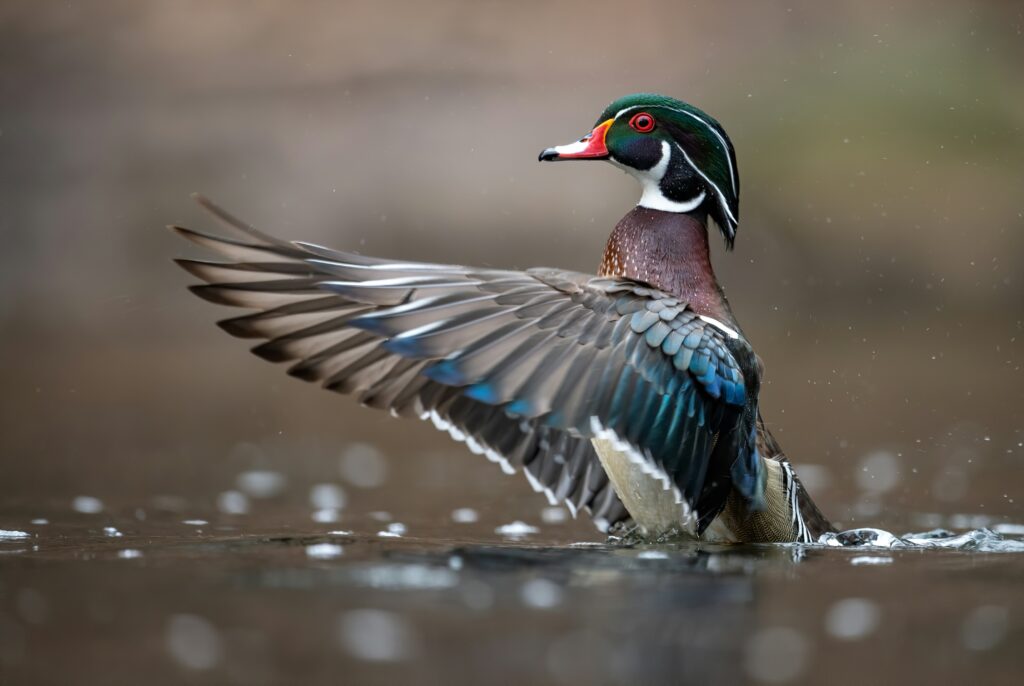 A wood duck flapping in the water