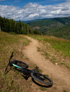 A bike laying on its side, overlooking a mountain biking trail in Steamboat Springs