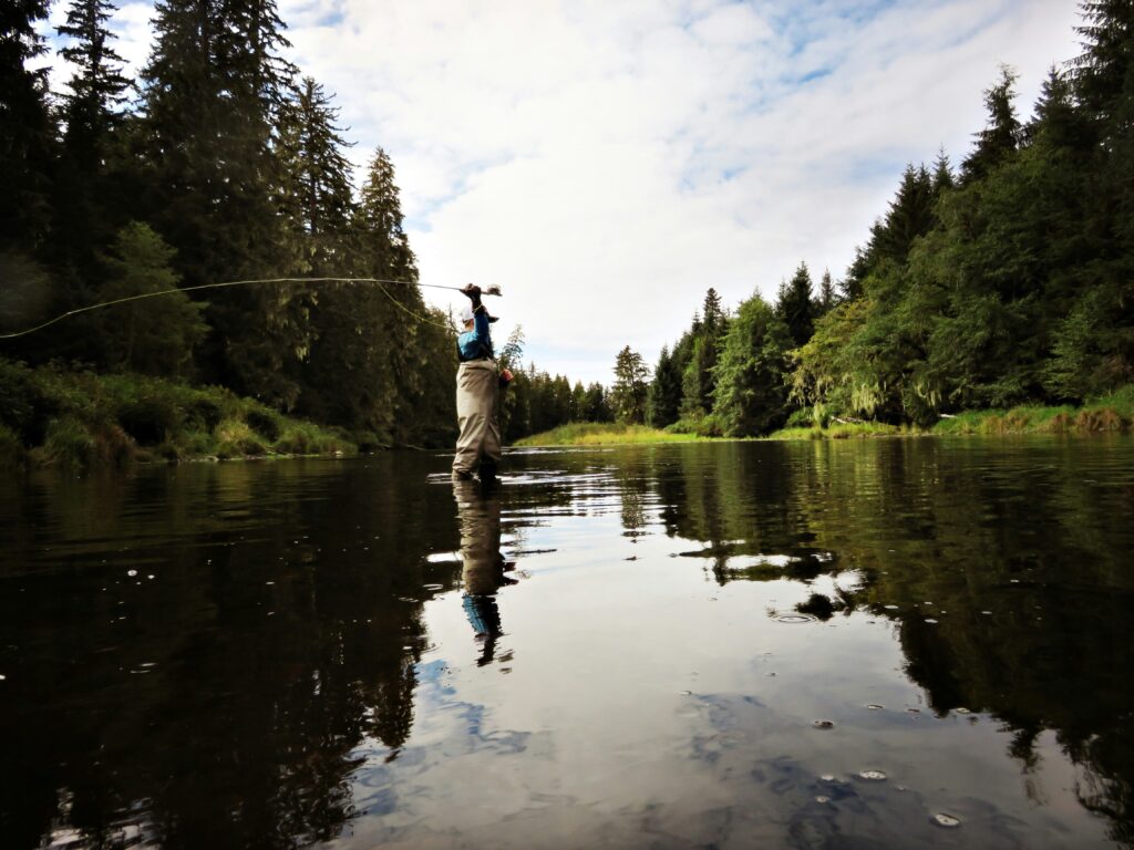 A man fly fishing surrounded by trees