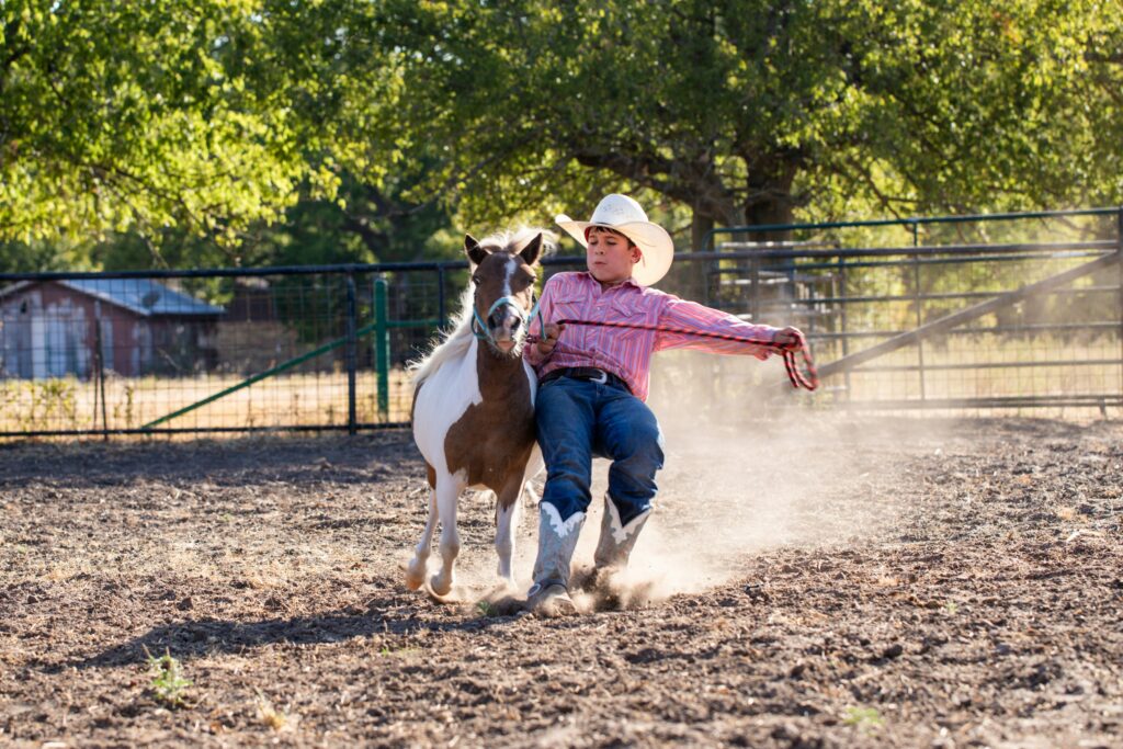 A cowboy child and a small horse