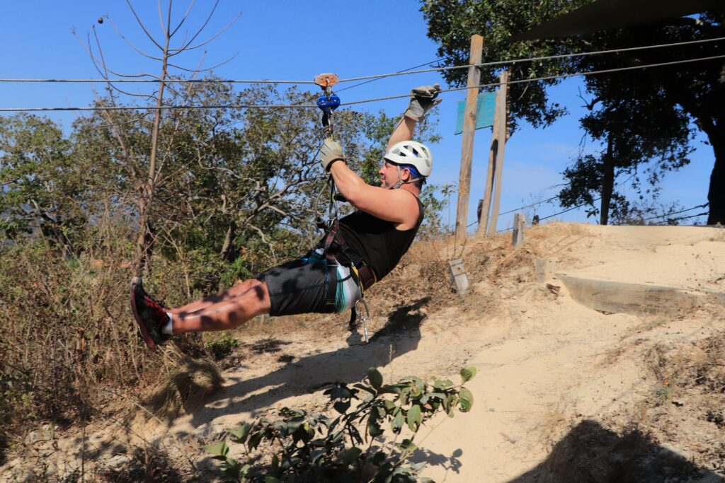 A man on a zipline