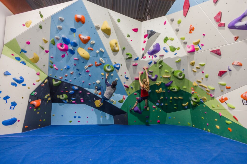 A large rock climbing wall at The Steamboat Climbing Collective. One of the Fall family activities in Steamboat Springs