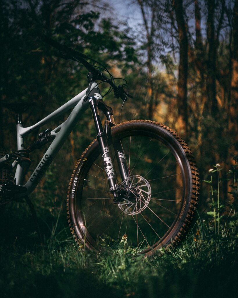 Close up of mountain bike. In the fall on a trail for mountain biking in Steamboat Springs