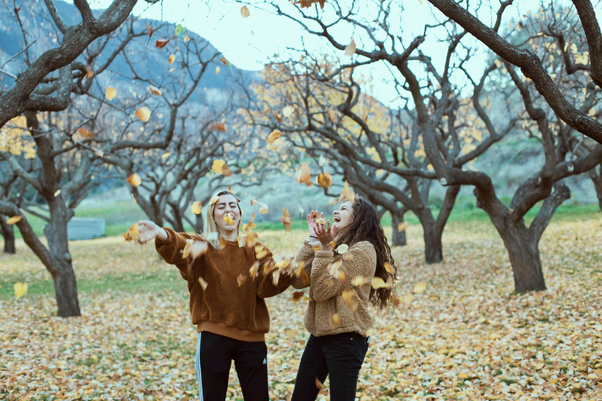 Two friends in the fall, throwing colored leaves in the air