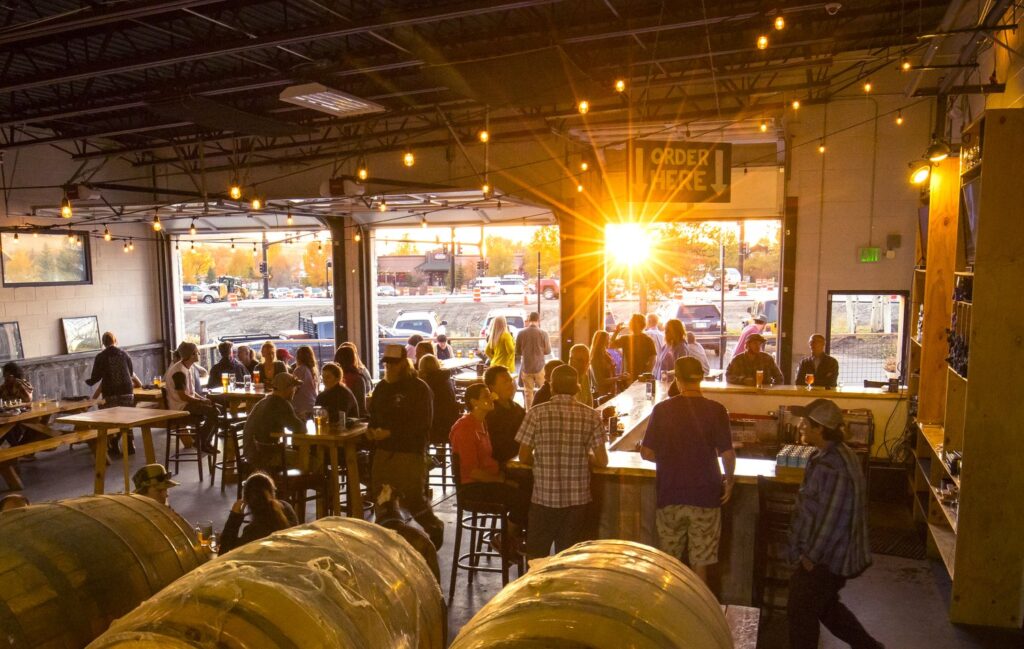 Crowd at the Storm Peak brewery during the sunset. Part of the Brew Trail in Steamboat Springs