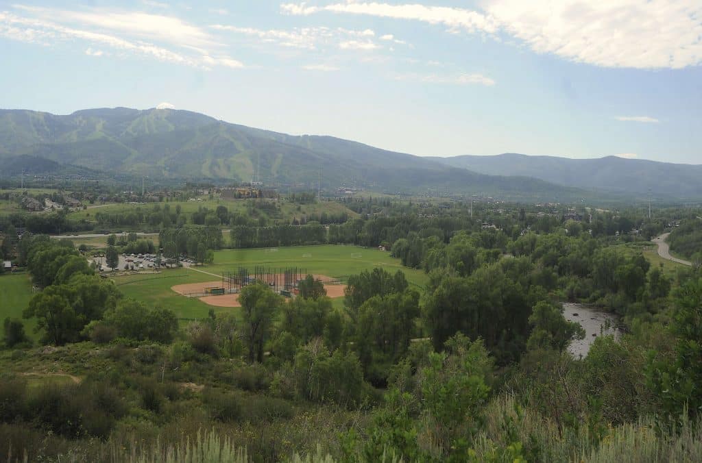 View of downtown Steamboat and Mt Werner in the distance from Bluffs Loop Trail.