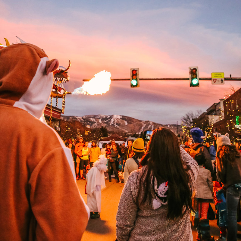 View of a fire breathing dragon float in downtown Steamboat Springs for their annual Halloween Stroll. 