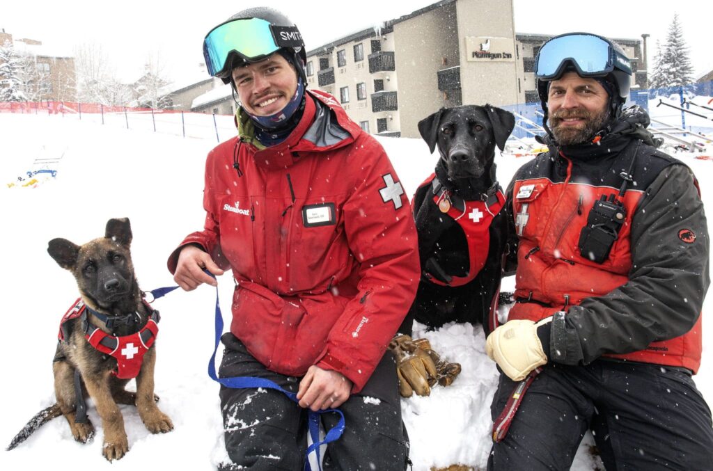 Two members of Steamboat Resort's Ski Patrol sit with their avalanche dogs: Mudd and Daisy. 