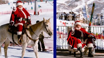 Two images: One of Santa riding a horse in Steamboat Square and the other of Santa sitting in a chair for Christmas in Steamboat Springs.