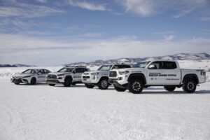 A lineup of the Toyota vehicles used in the driving school for a thrilling winter activity in steamboat springs.