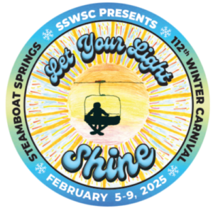 The button design for the Steamboat Winter Carnival 2025. Featuring a skier sitting on a ski lift in the glow of a orange and yellow sunset.