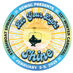 The button design for the Steamboat Winter Carnival 2025. Featuring a skier sitting on a ski lift in the glow of a orange and yellow sunset.
