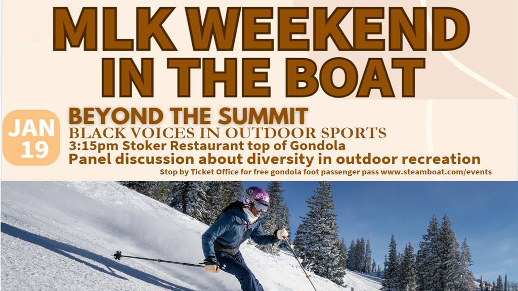 A photo showing a Black skier to showcase presentations and diversity summits during MLK Week at Steamboat Resort. 