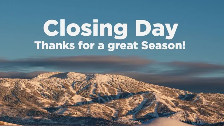 Aerial view of Mt Werner covered in snow. Text reads: Closing Day. Thanks for a great season.