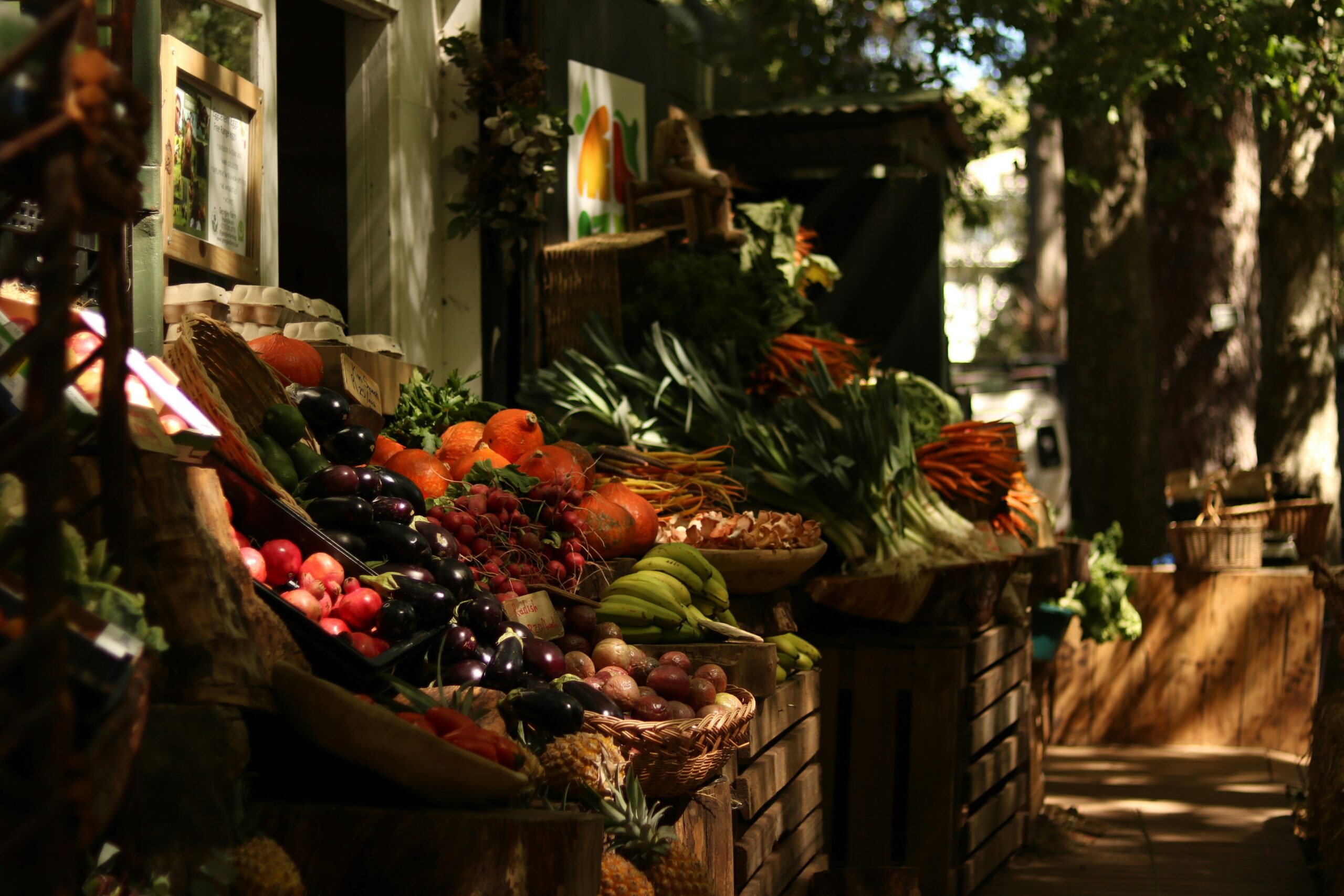 Baskets of fresh produce displayed at the Steamboat Farmers Market.