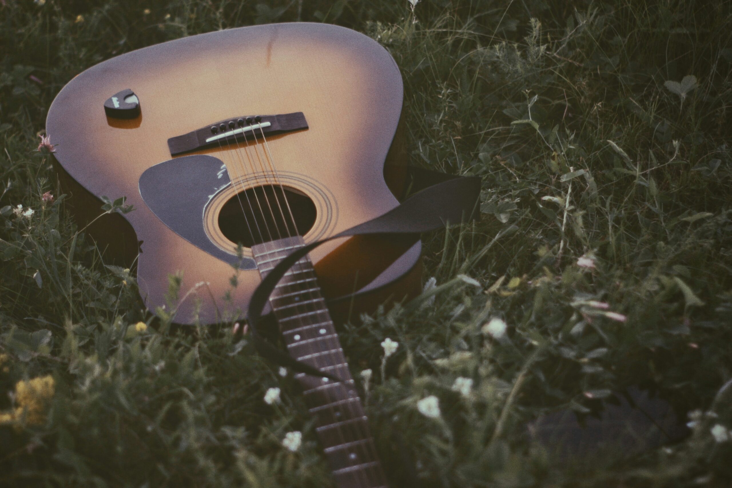 Acoustic guitar lying on the grass.
