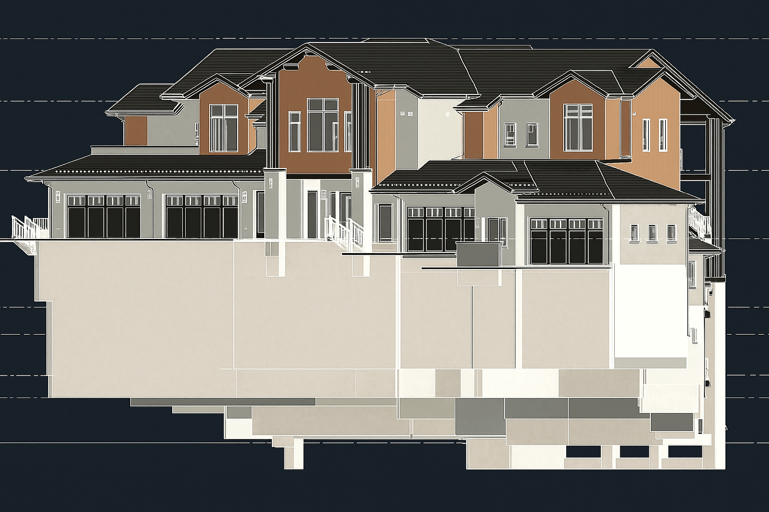 Architectural elevation rendering of The Astrid residences showing multi-level layouts, modern exterior finishes, and customizable home technology integration options.