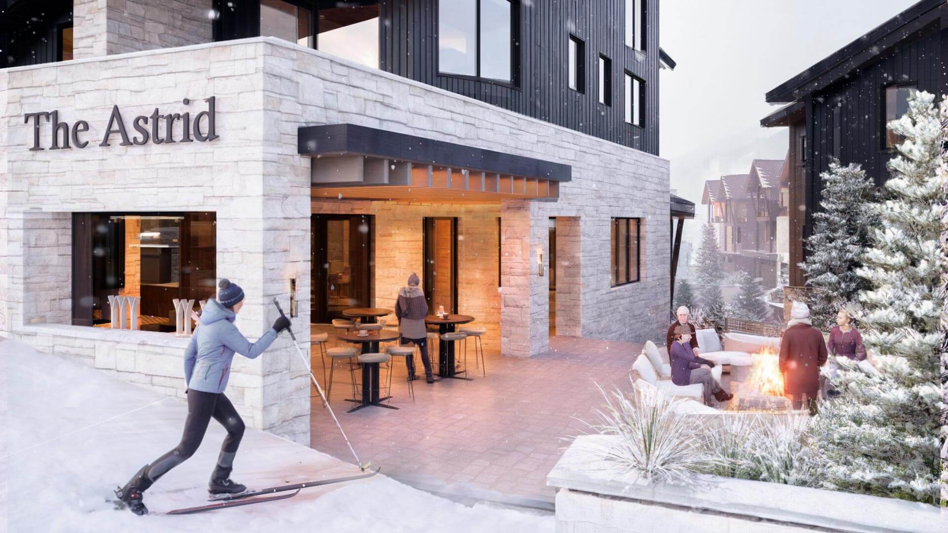 Residents enjoying accessible outdoor spaces at The Astrid, including a heated entrance, patio seating, and a winter pathway suitable for easy movement.