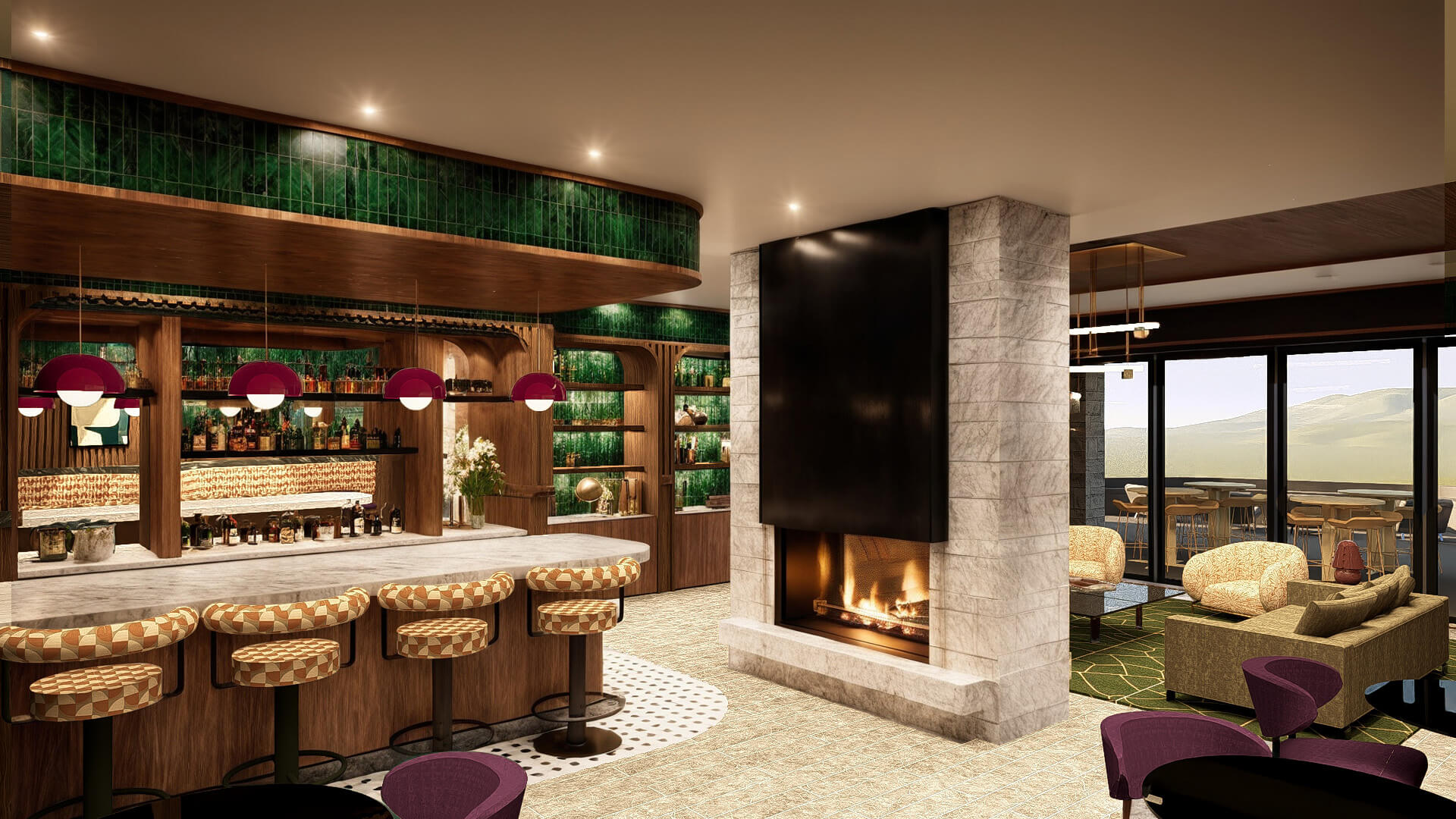 Luxurious interior lounge at The Astrid featuring a central fireplace, marble bar, rich green tile accents, and upscale seating designed for resident relaxation and social gatherings.