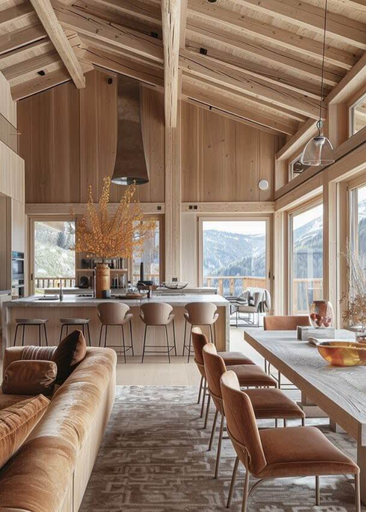 Airy great room and kitchen in pale wood with vaulted ceiling and mountain views, aligned with Haven’s soft modern palette.