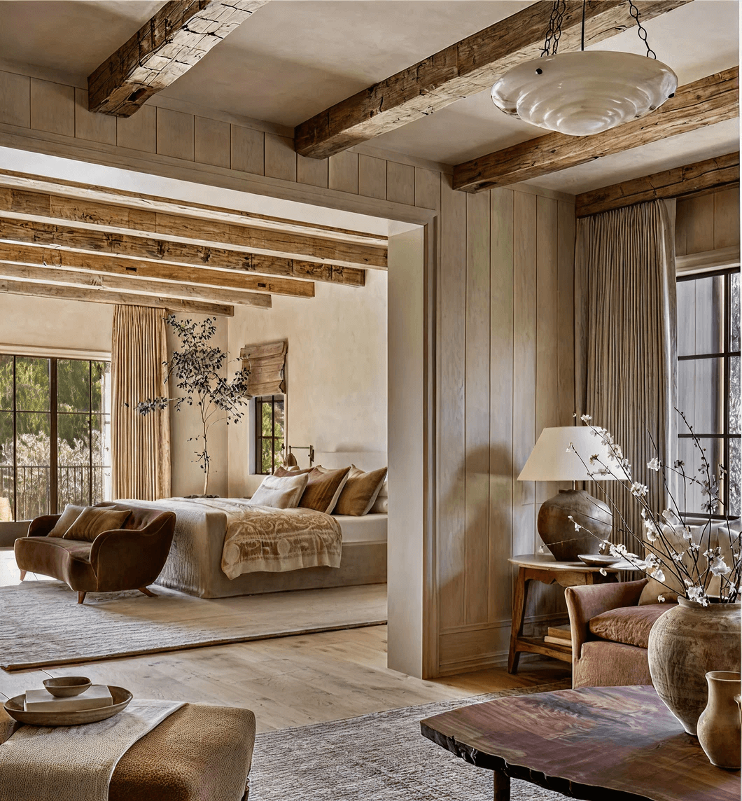 Kindred “Mountain Traditional” style board for The Astrid x Etho, featuring warm wood, stone textures, and curated furniture and material samples.