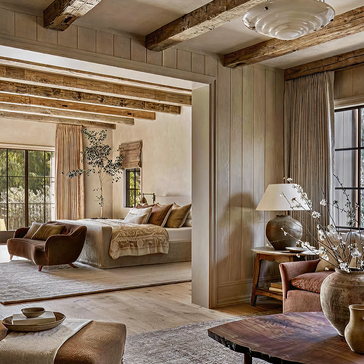 Warm, rustic Kindred interior with wood beams and layered textures.