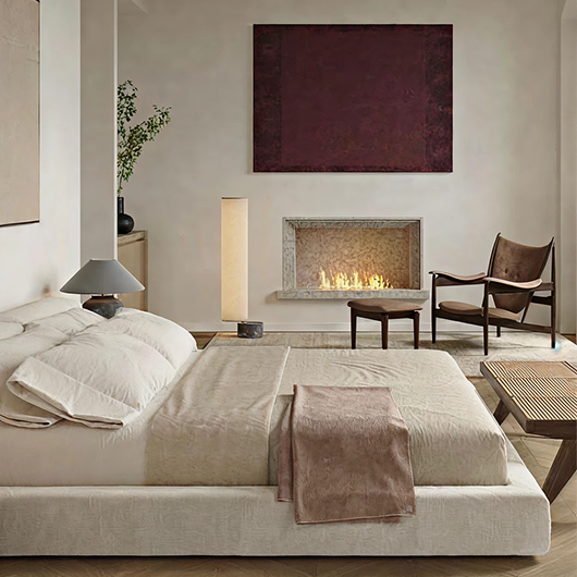 Soft neutral Haven interior with modern fireplace and warm minimalism.
