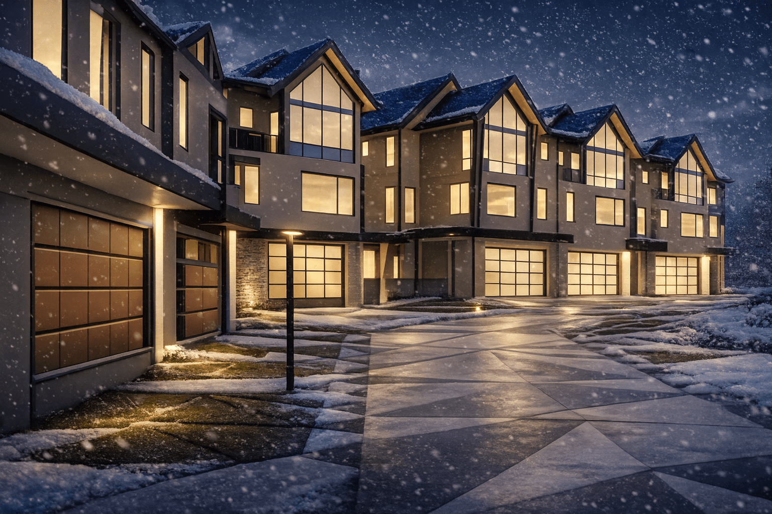 Modern mountain townhome residences with illuminated garages and snow-covered walkway at night