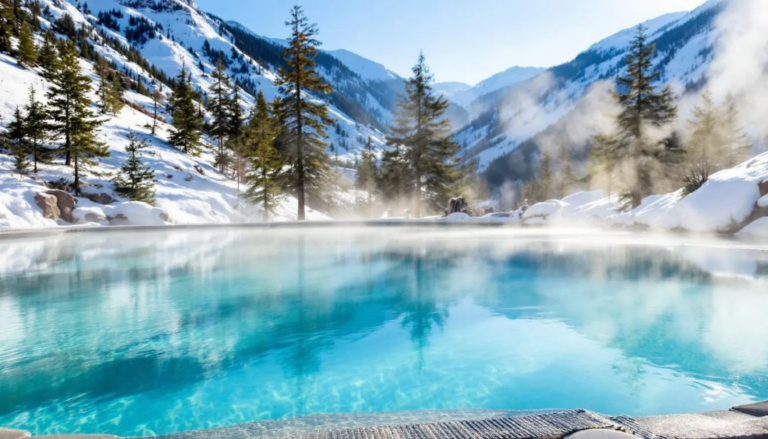 Luxury hot springs spa in Steamboat Springs surrounded by snowy mountains and pine trees