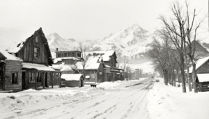 Historic snow-covered street in Steamboat Springs with old wooden buildings and mountains in the background.