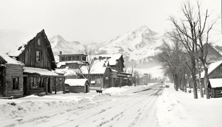Historic snow-covered street in Steamboat Springs with old wooden buildings and mountains in the background.