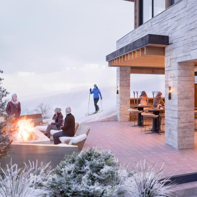Residents gathered around slopeside fire pits and lounge seating at The Astrid
