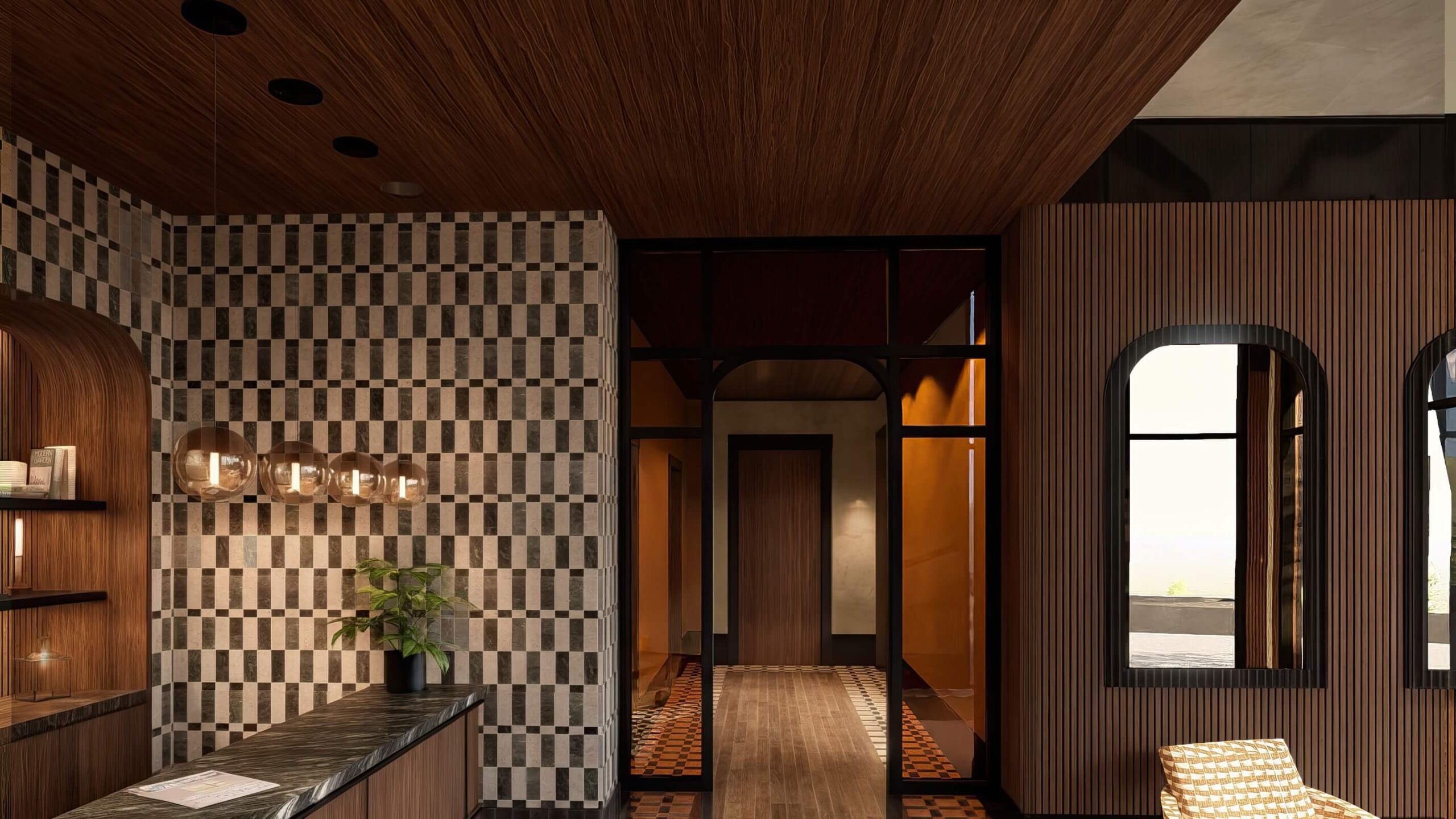 Modern entry lounge at The Astrid featuring checkerboard tile wall, wood slat paneling, marble console, and warm pendant lighting.