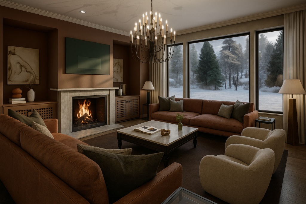Luxury mountain home living room with fireplace and large windows overlooking snowy forest