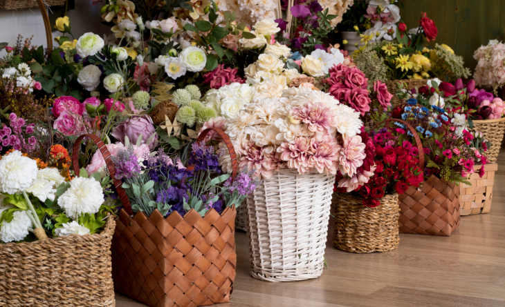 Colorful floral arrangements in woven baskets featuring pink roses, white dahlias, purple flowers, and seasonal greenery displayed at a luxury florist shop in Steamboat Springs.